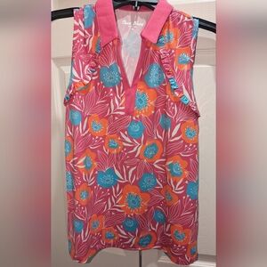 NWT, Pink floral, v-neck, ruffle, dry fit, UPF, tank top polo- women's medium